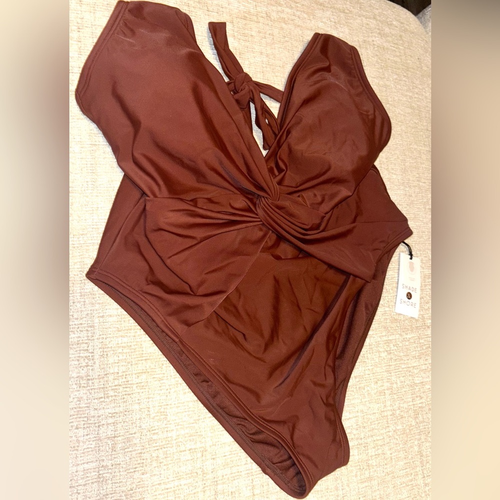 NWT Shade & Shore Bathing Suit Large Shimmer Brown One Piece Swim Twist Plunge